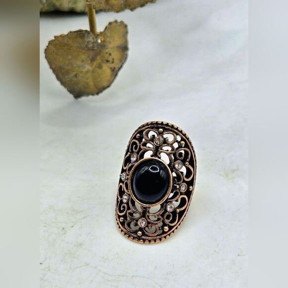 "5/$25" Vintage Brass Black Cabachon Rhinestone Boho Wide Statement Ring - Picture 1 of 6